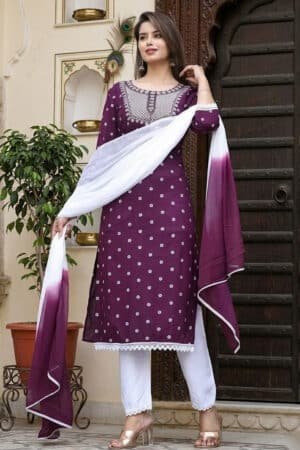 Women's Rayon Embroidery Kurta with Pant and Dupatta Set