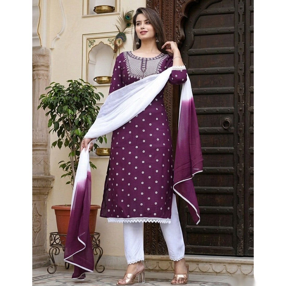Women's Rayon Embroidery Kurta with Pant and Dupatta Set