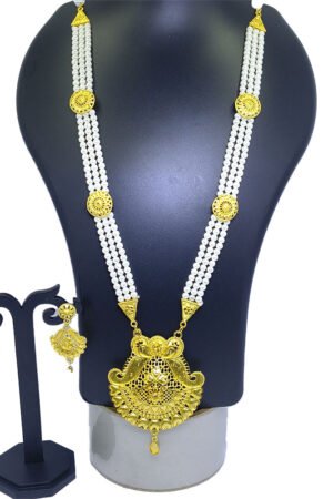 Elegant 3-Line Pearl and Gold Plated Necklace with Matching Earrings and Pendants