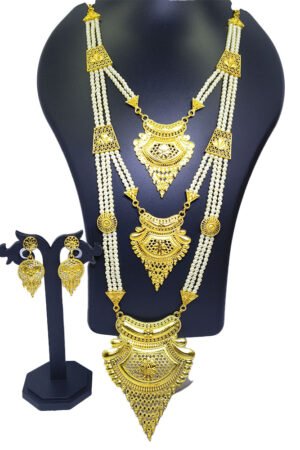 Traditional Gold Plated 3-Layer Pearl Rani Haar Long Necklace Set with Earrings for Women | Ethnic Sita Haar Jewellery for Weddings Moti Rani Haar, Preals/Moti Long Haar Traditional Indian Design for Women And Girls