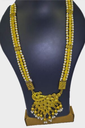 Traditional Gold-Plated Peacock Pendant Long Necklace with Pearl Accents for Women