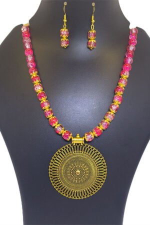 ​Exquisite Gold-Plated Oxidized Jewelry Set with Pink Crystal Beads - Necklace & Earrings for Women