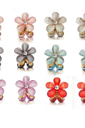 Mini Flower Hair Clips, Crystal Rhinestone Center 12 Pcs Hair Claw Clips for Women Girls Small Korean Style Pearl Metal Hair Clip Accessories Flower...